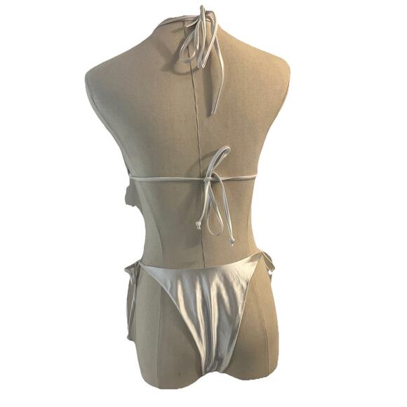 MakeMeChic Women's White Satin Bikini Swimsuit Triangle Halter Tie Back Thong M - Picture 2 of 8